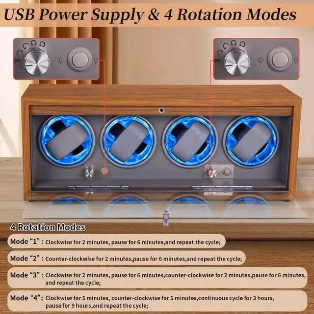 FLAVORA 4 Slot LED Watch Winder with Grey Inner Lining in Brown