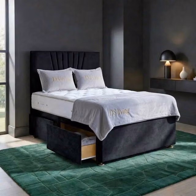 DS Living Elysian Modern Upholstered Velvet Drawer Storage Bed Frame in Black, W/D/H: 90 x 200 cm