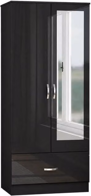 PAWNORA Modern Black Bedroom Wardrobe with Hinged Doors, Drawers and Mirror – 1