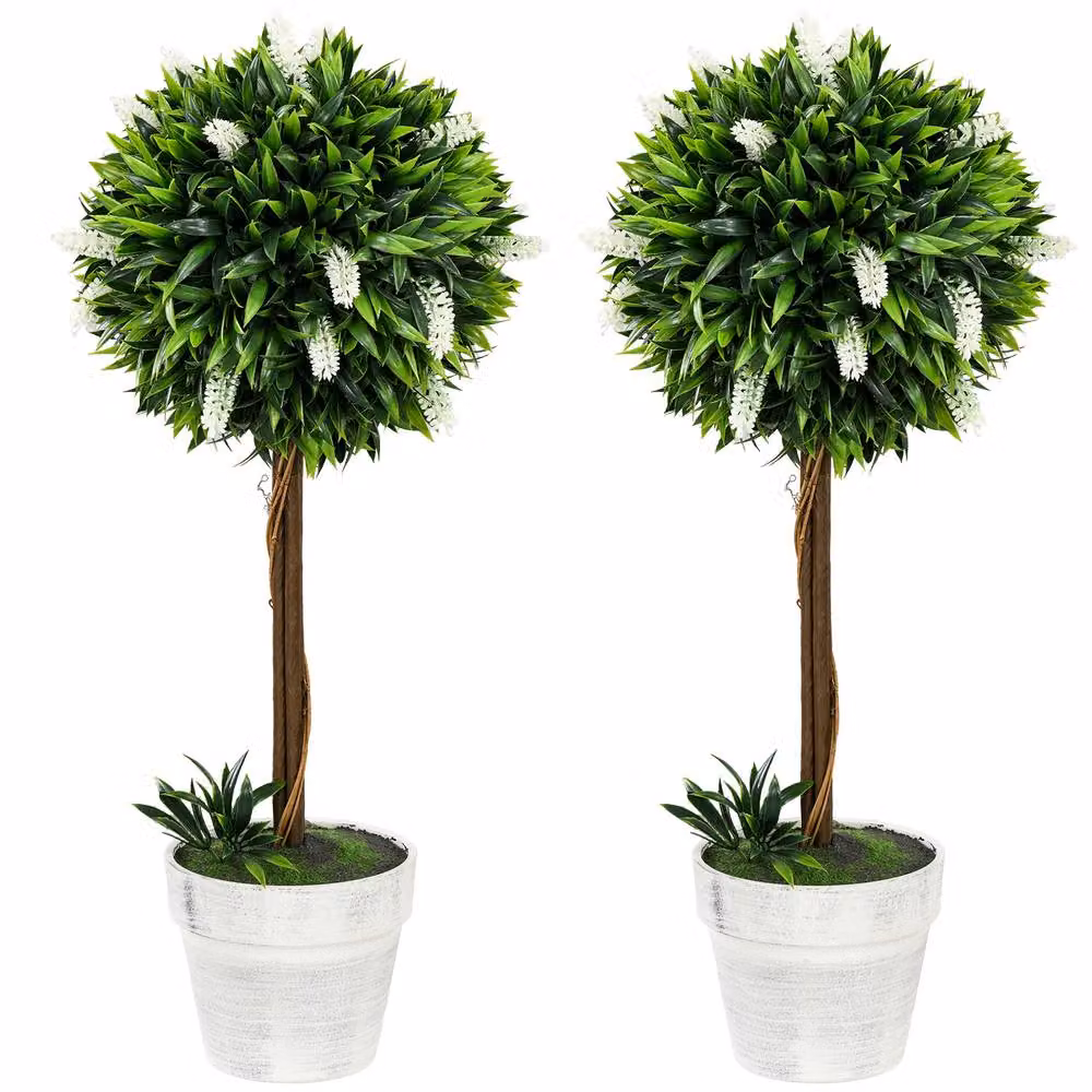 STILVORA Set of 2 Artificial Green Ball Trees with White Pots, Height: 60 cm – 5
