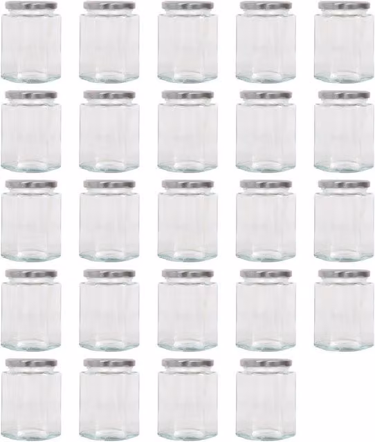 Argon Tableware Hexagonal Glass Jam Jars with Leakproof Silver Metal Screw-Top Lids, 250ml, Pack of 24