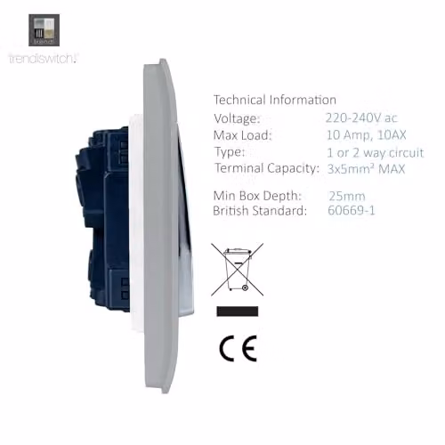 Trendi 1 Gang 2 Way Screwless Modern Single Electrical Wall Light Switch in Brushed Steel Silver – 3