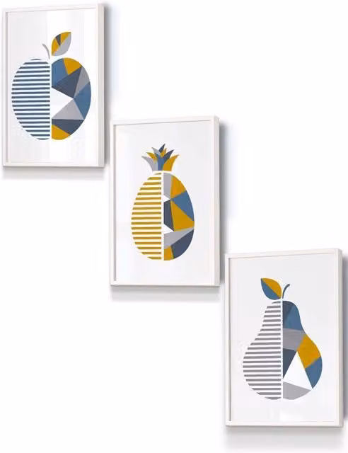 ARTZE Geometric Fruit Apple Boho Framed Wall Art in Blue, Yellow and White, W: 33 cm, H: 45 cm, D: 2 cm
