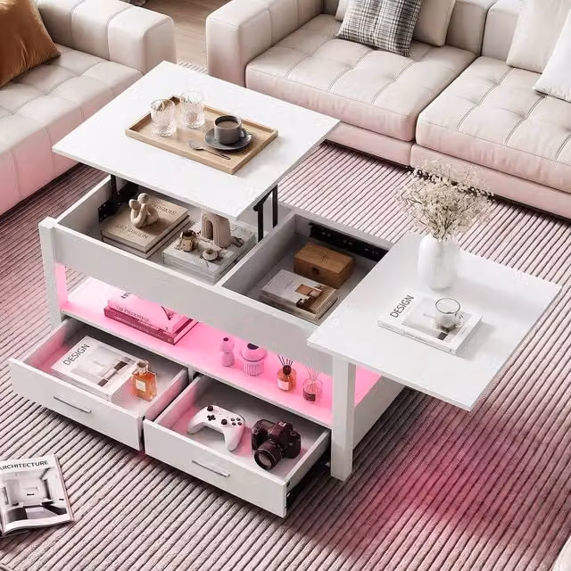 EONLION White LED Lift Top Coffee Table with Drawers