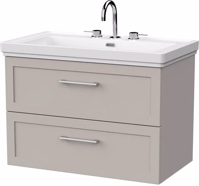 Balterley Stonnall 2 Drawer Wall Mounted Vanity with 3TH Fireclay Basin, Pebble Grey, Width: 80 cm