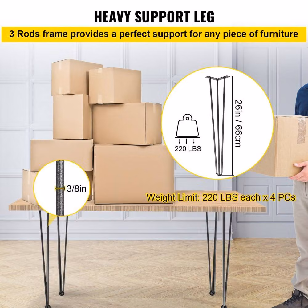 VEVOR Heavy Duty Steel Hairpin Table Legs Set of 4, Matt Black, Height: 66.04 cm – 2