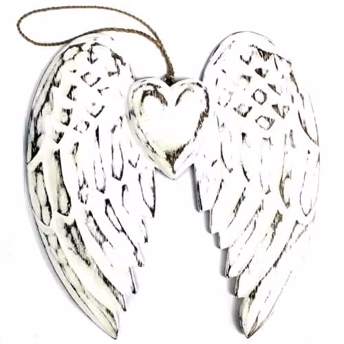 KDMD Handcrafted Double Angel Wing and Heart Wall Decoration in White Wood, Height: 24 cm – 1