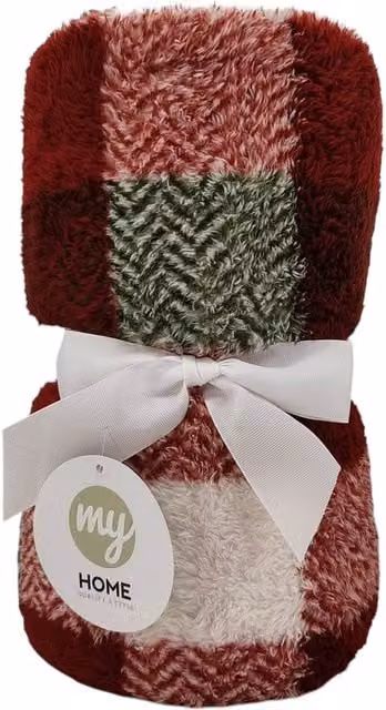 Kinross Red Checked Fluffy Teddy Fleece Throw