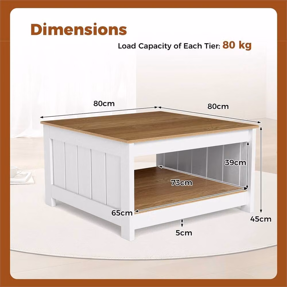 FORGEVIO Square Rustic Wood Cocktail Table with Storage Shelf in Brown and Multicolour, W/D/H: 45.0 x 80.0 x 160.0 cm – 2