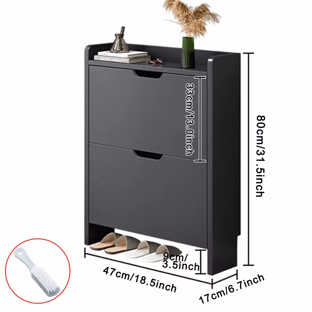VOGREX 2 Drawer Black Wooden Shoe Rack Storage Cabinet with Tilting Compartments W/D/H: 80 x 47 x 47 cm – 2