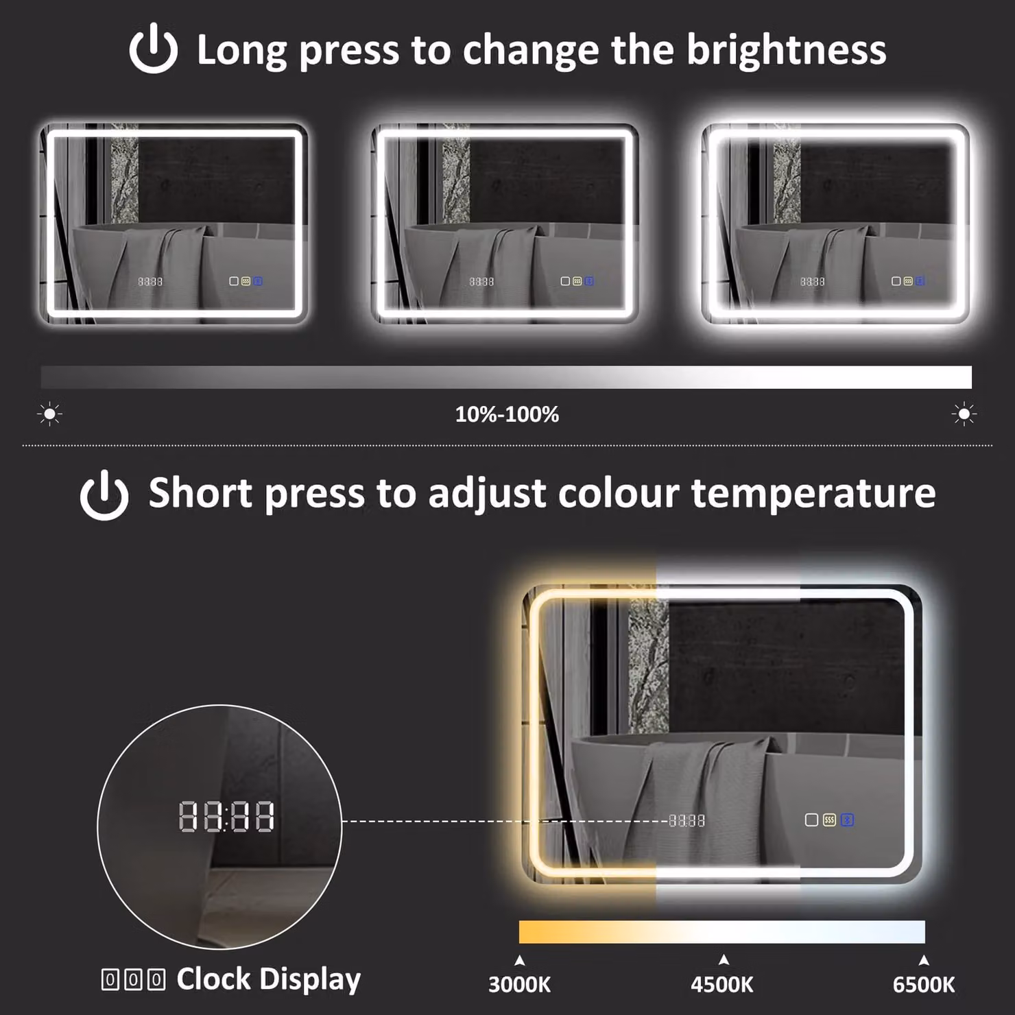 HOMCOM Illuminated Bluetooth Bathroom Mirror with Clock in Silver, W: 80 cm, H: 60 cm – 6