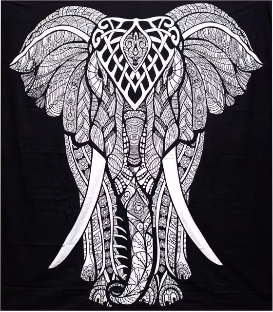 KDMK Double Cotton Elephant Bedspread and Wall Hanging in White and Black, W: 230 cm, D: 200 cm, H: 200 cm