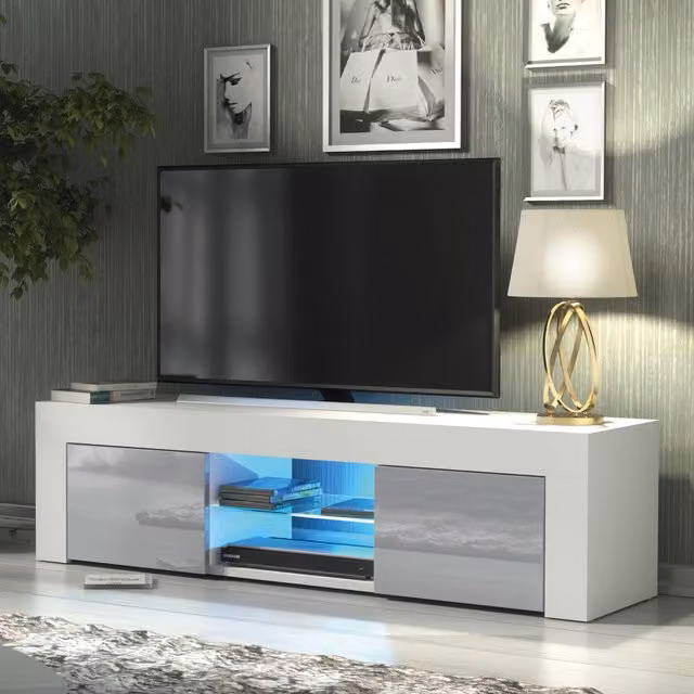 Creative Furniture Loom TV Unit 130cm with Grey Gloss Doors and LED Lights, White and Grey – 1
