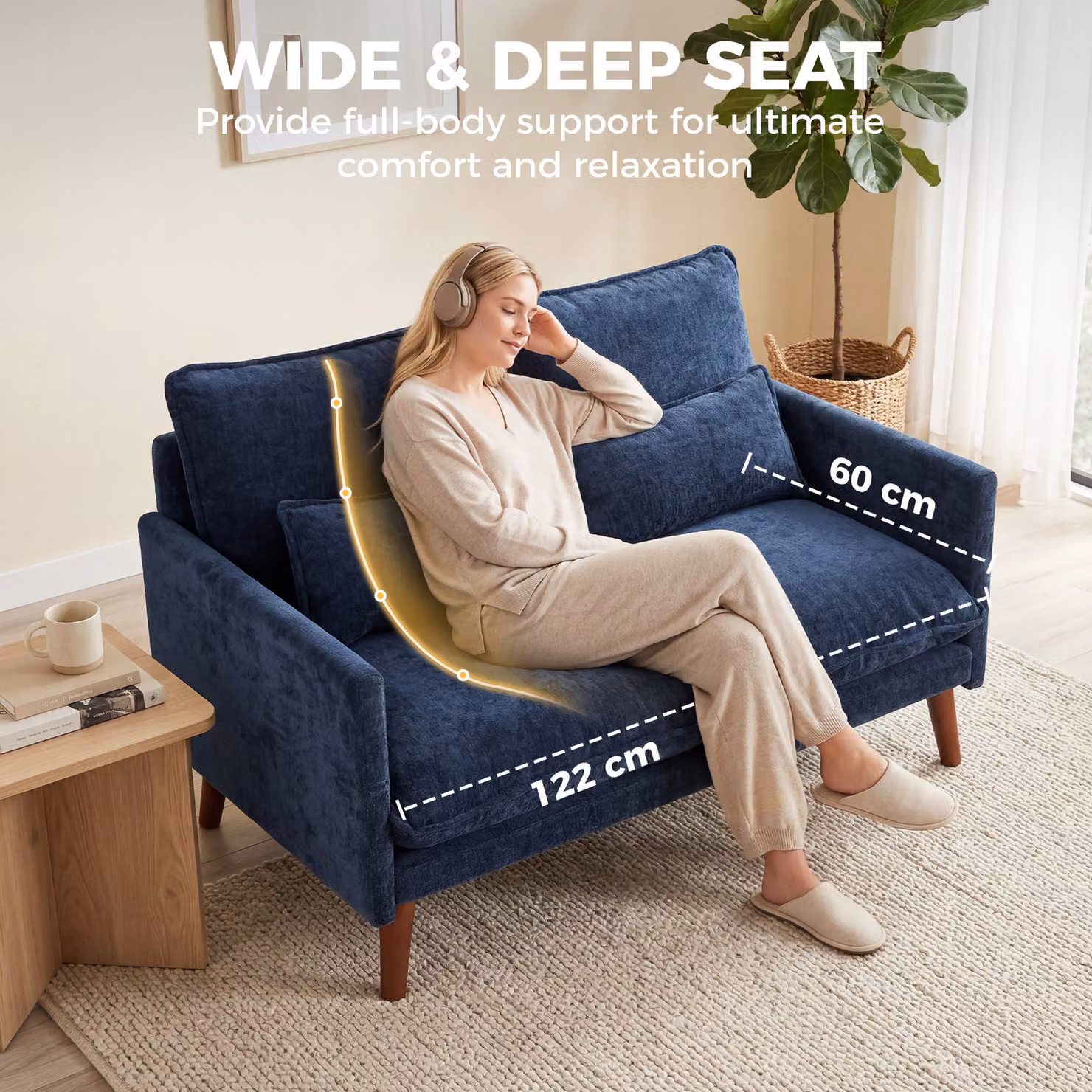 HOMCOM Blue Velvet 2 Seater Sofa with Scatter Cushions and Rubberwood Legs – 5