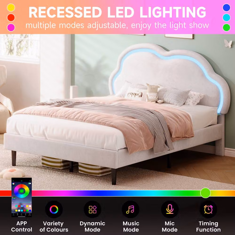 Merax Double Upholstered Bed in White with LED Adjustable Cloud Headboard, W/D/H: 140 x 200 cm – 3
