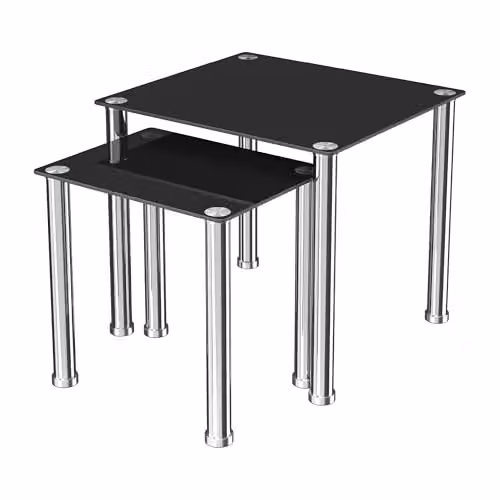 AVF Nesting Tables Set of 2, Black Glossy Glass and Silver Metal, W/D/H: 50 x 45 x 44.2 cm and 44.2 x 45 x 45 cm – 1