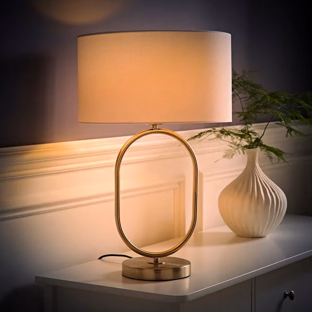 ValueLights Antonia Oval Table Lamp in Brushed Chrome with White Fabric Drum Shade and LED Bulb