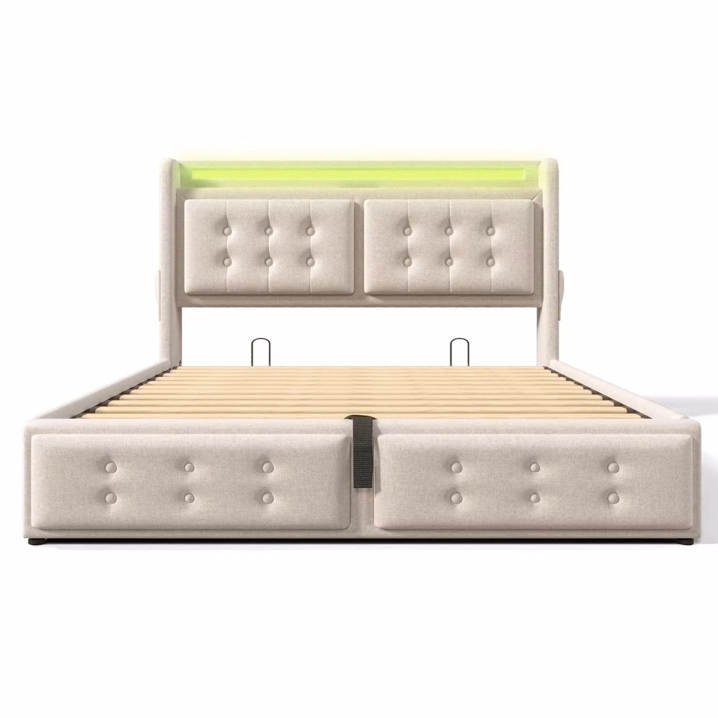 Aosom UK Beige Upholstered Double Bed Frame with Gas-Lift Storage and USB Charging Ports, H 110 x W 157 x D 223 cm – 2