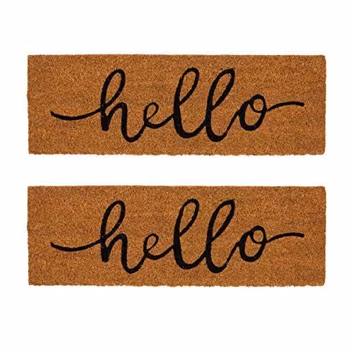 Nicola Spring Hello Coir Step Mats, Pack of 2, Brown, W: 60 cm, D: 20 cm, H: 1.5 cm – 1