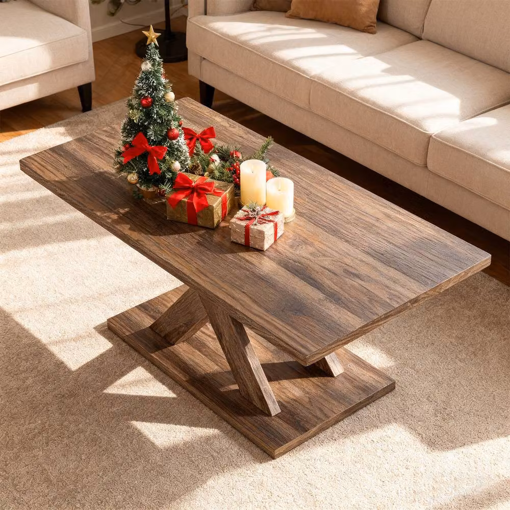 Costway Brown Rectangular Farmhouse Coffee Table with X-Frame Design – 7