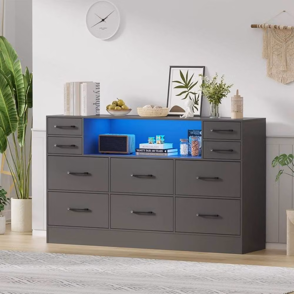 PAWNORA 10 Drawer Grey Chest of Drawers and Bedside Cabinet with Integrated Lighting