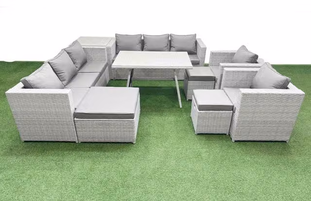 Fimous 11 Seater Modern Rattan Garden Furniture Set with 3 Stool Side Tables in Light Grey
