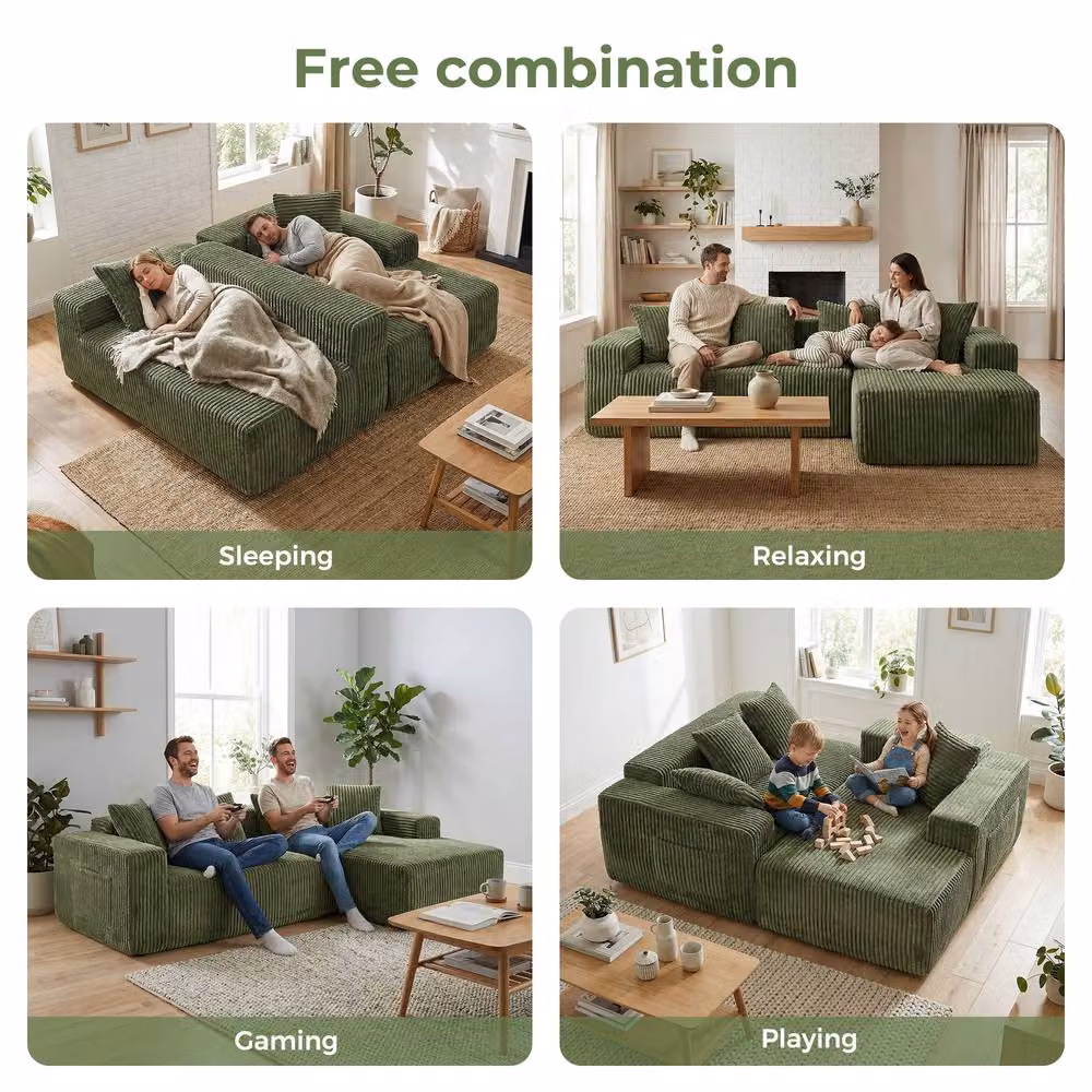 Dprodo 261 cm Modular Right L-Shaped 4 Seater Sectional Sofa in Green Velvet Cord Fabric – 6