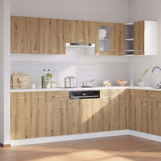 Berkfield Home Elegant 11 Piece Kitchen Cabinet Set in Artisan Oak Brown with Glass Doors and Internal Drawers