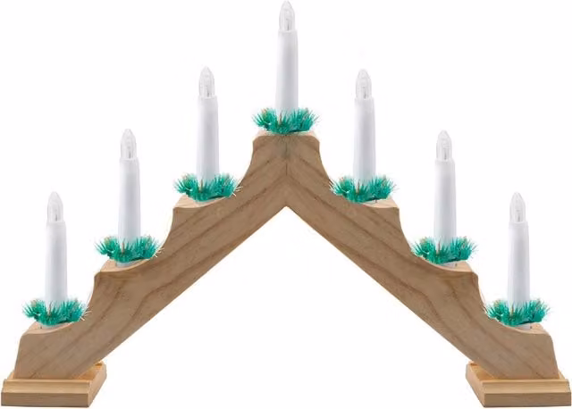 VFM e-Store 7 LED Wood Christmas Candle Bridge in Natural Brown and White, Battery Operated