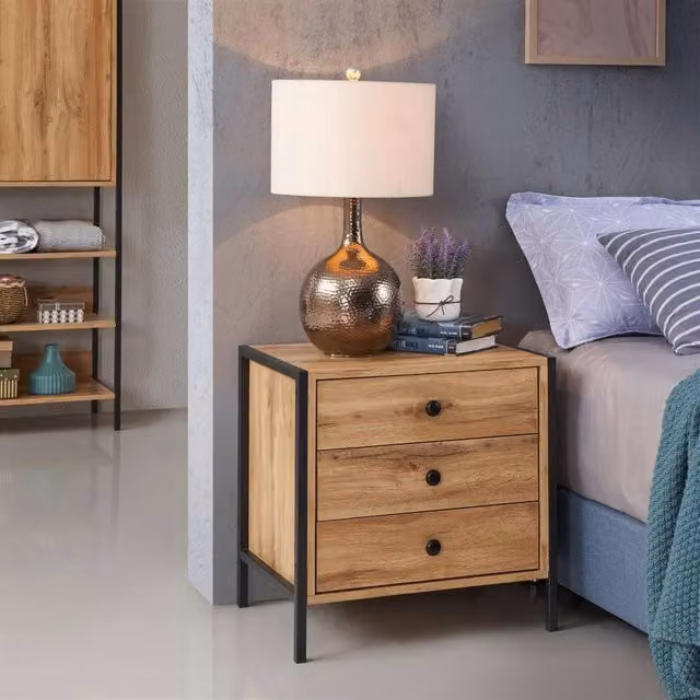 Timber Art Design Zahra 3 Drawer Bedside Table Cabinet in Brown, H: 53.8 cm, W: 40.0 cm, D: 40.0 cm