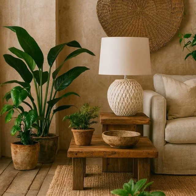 Wyld Haus Bloomthorn Lattice Ceramic Table Lamp with Beige Fabric Shade