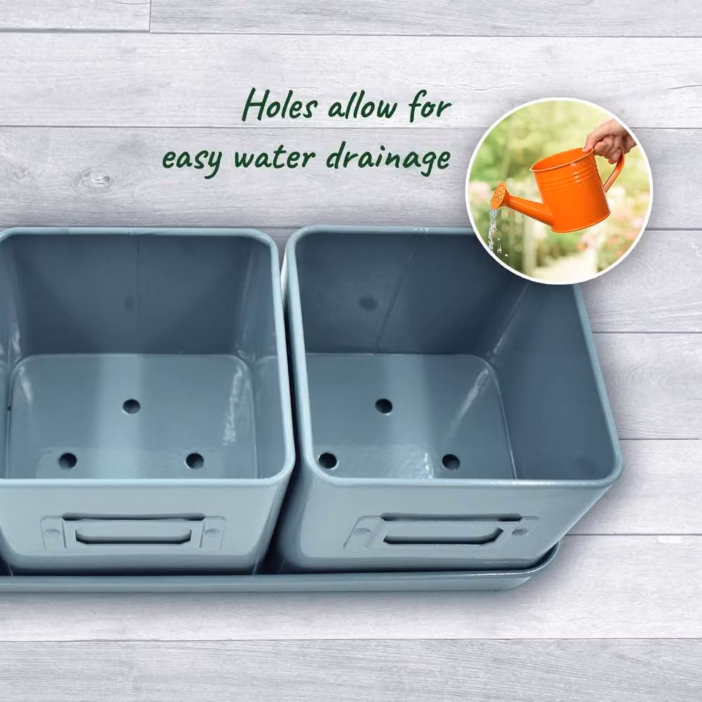 Green Thumbz Set of 3 Indoor Herb Planters with Leather Handled Tray in Petrol Green – 3