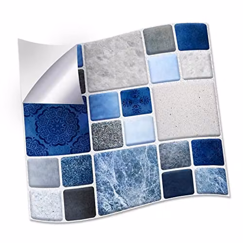 WALPLUS 24-Piece Blue and Grey Stone Selection Mosaic Wall Tile Sticker Set, W/D/H: 15 x 15 x 15 cm – 1