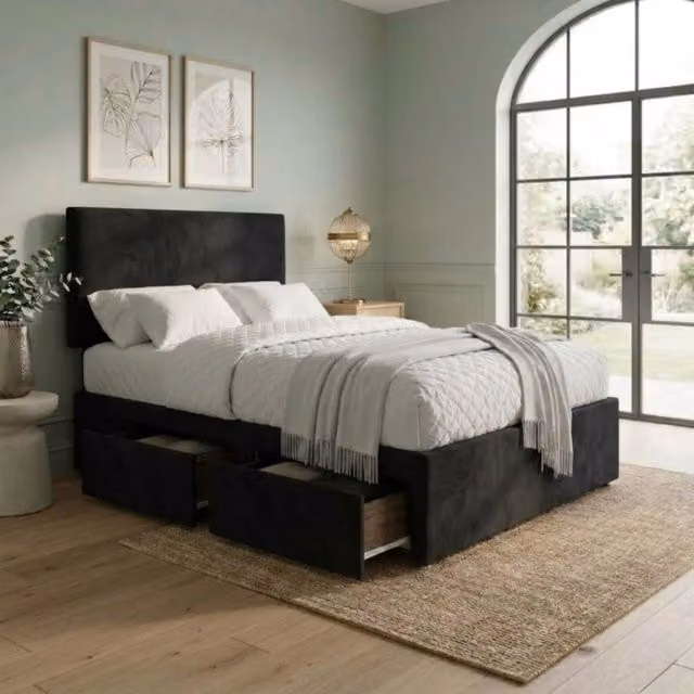 Bed Time UK Small Double Suede Divan Bed with 2 Drawers, 20 Inch Plain Headboard and Memory Mattress in Black, W/D/H: 120 x 200 cm
