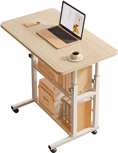 Livingandhome Height Adjustable Mobile Computer Desk with Wheels in Wood and Metal, Brown or White