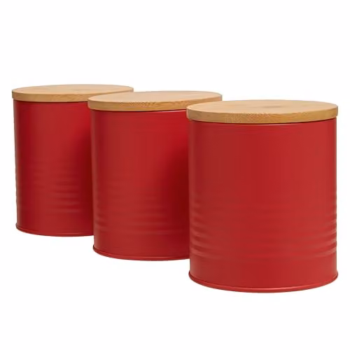 Orsina Set of Three Airtight Metal Kitchen Canisters with Bamboo Lids in Red and Grey – 3