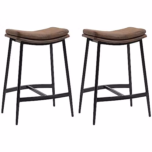 HOMCOM Set of 2 Brown Microfibre Upholstered Industrial Bar Stools with Metal Frame – 1