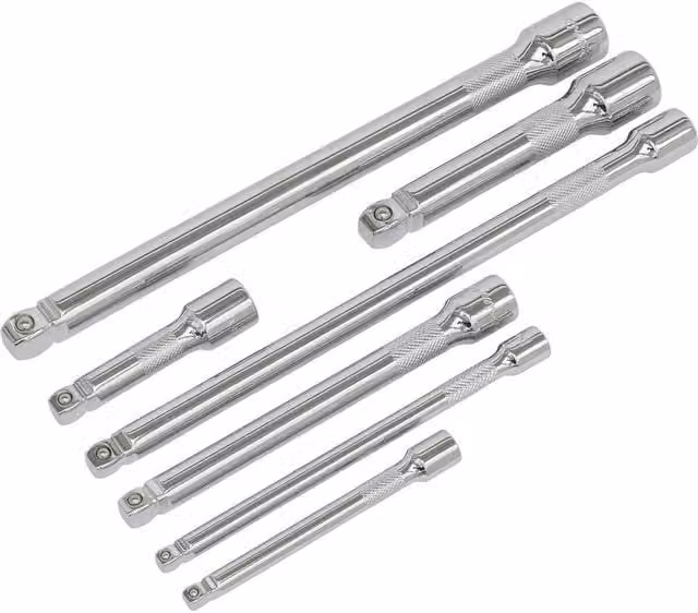 Loops 7 Piece Wobble and Rigid Extension Bar Set in Chrome Vanadium Steel, 1/4", 3/8" and 1/2" Sq Drive, Silver and Multicolour – 1