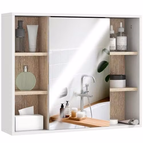 HOMCOM White Wall Mounted Bathroom Mirror Cabinet with Hinged Doors and Internal Shelves W/D/H: 60.0 x 14.5 x 49.4 cm – 1