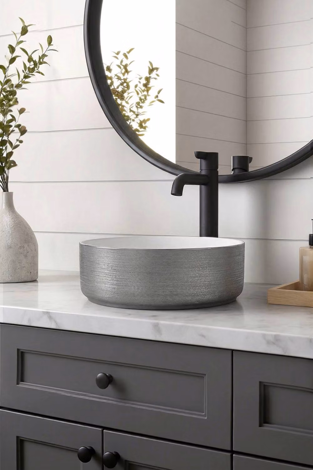 Living and Home Round Ceramic Countertop Vessel Sink in Silver, W/D/H: 36.0 x 36.0 x 12.5 cm – 3