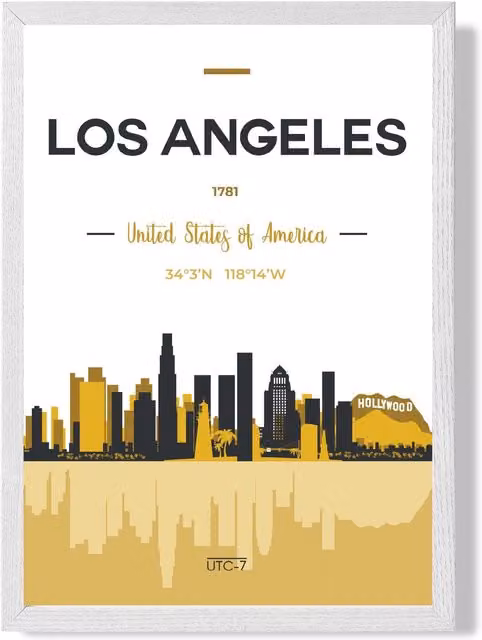 ARTZE Los Angeles Yellow and Black City Skyline Framed Paper Poster with White Frame, A3