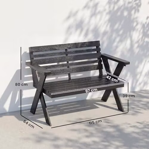 Outsunny 2 Seater Modern Lacquered Wood Garden Bench with Armrests, Black, W/D/H: 115 x 64 x 80 cm – 3