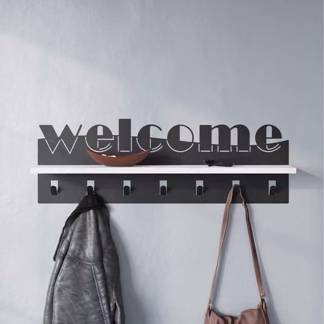 Decortie Welcome Wall-Mounted Coat Hanger Shelf with 7 Hooks, White, W: 86 cm, D: 15.2 cm, H: 26.8 cm – 1