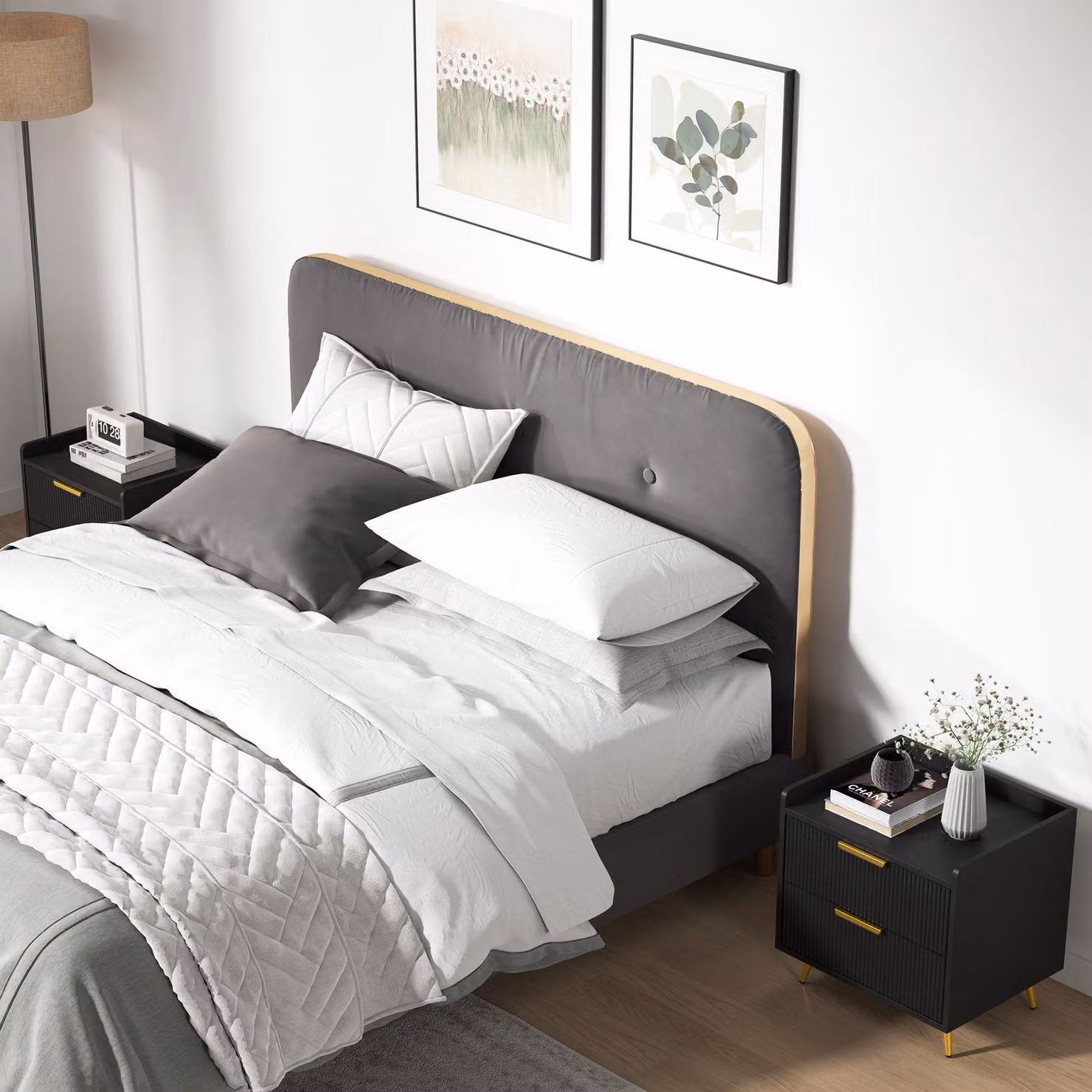 HOMCOM Set of 2 Elegant Modern Two-Drawer Bedside Tables in Black and Gold – 2