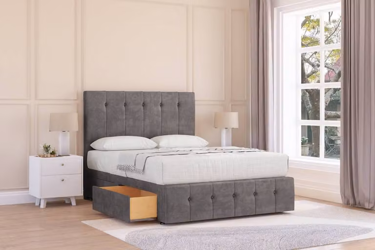 Sloomy Cambridge Naples King Size Divan Bed Base with 2 Drawers, 26 inch Headboard and 12 inch Footboard in Grey Velvet Fabric, W/D/H: 180 x 200 cm