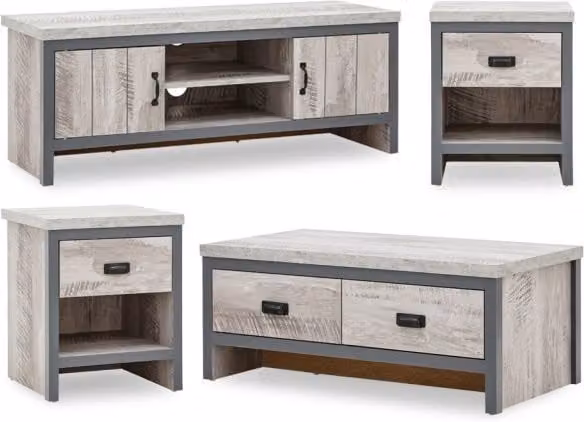 GFW Boston Grey Wood Effect 4 Piece Industrial Living Room Furniture Set with Black Metal Accents