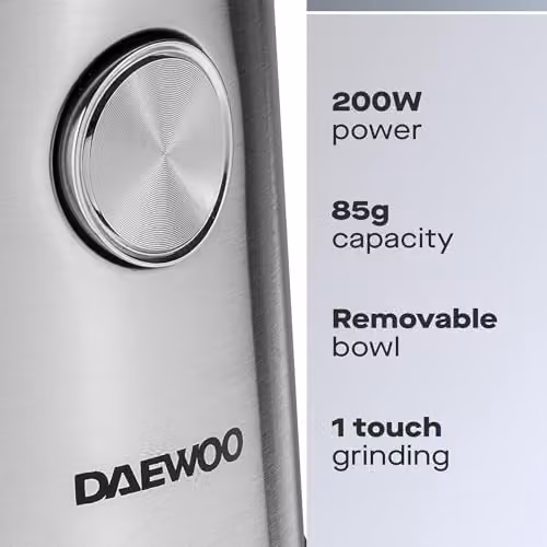 Daewoo 200W Wet and Dry Electric Coffee and Spice Grinder in Silver with Stainless Steel Blades – 2