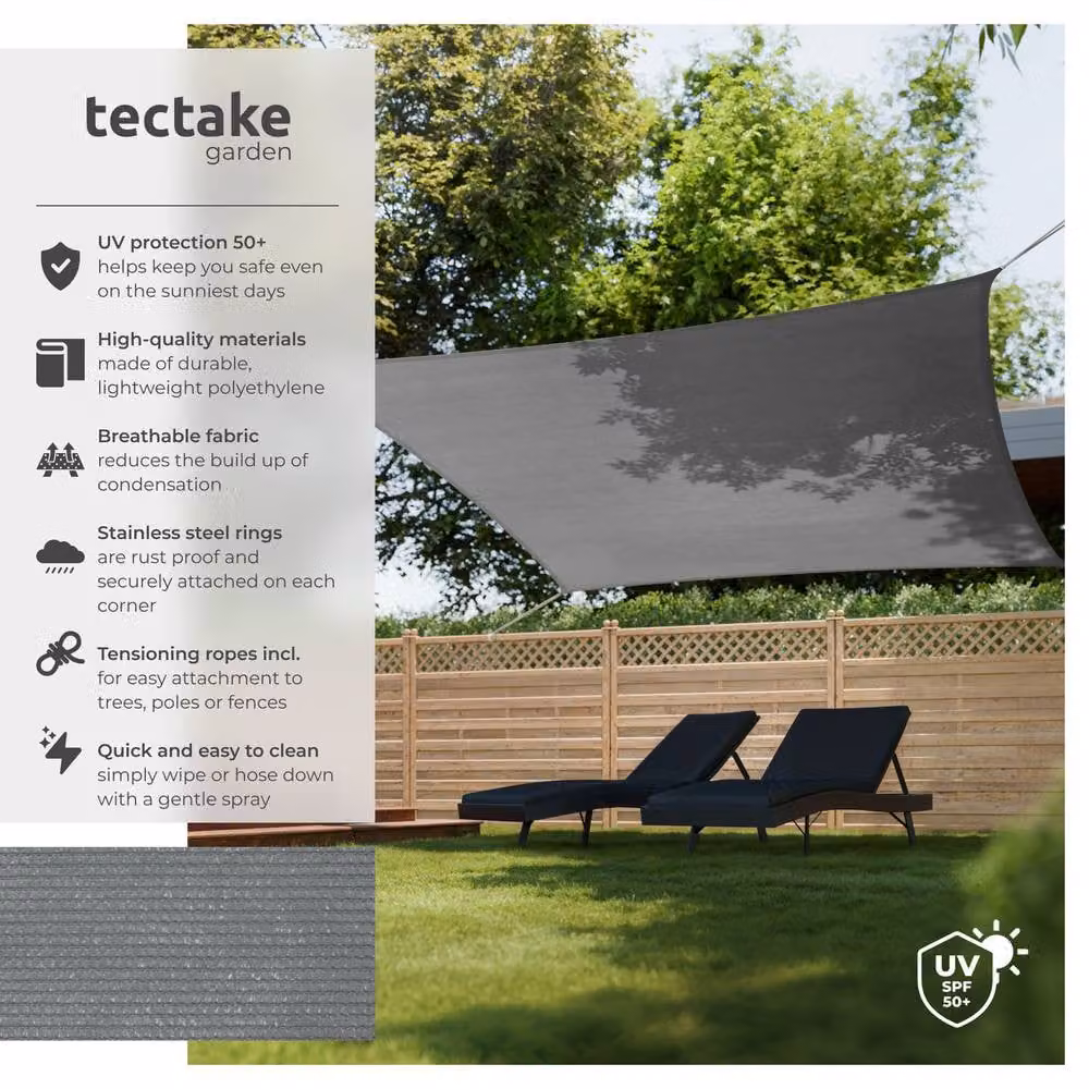 tectake Rectangular Shade Sail with UPF 50+ UV Protection and Water-Repellent HDPE Material, Grey, W/D: 360 x 360 cm – 2