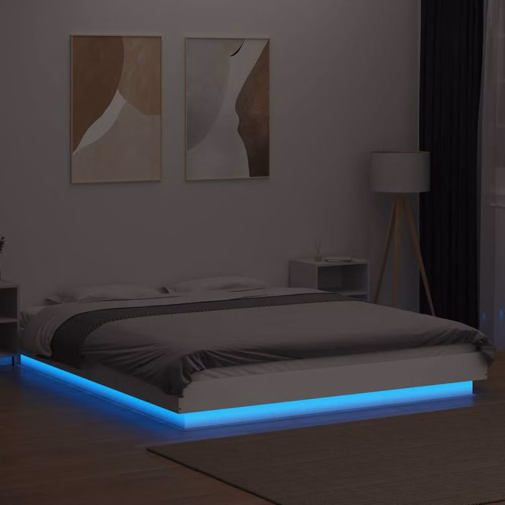 Berkfield Home Modern White Glossy Bed Frame with LED Under-Bed Lighting and USB Charging Port, W/D/H: 160 x 200 cm – 4