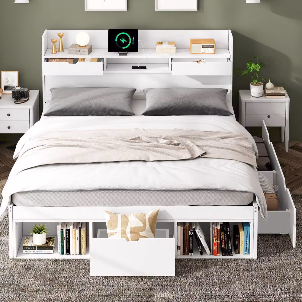 ModernLuxe Kids Double Bed in White with Storage Headboard, Drawers, USB Charging Port and Bedside Shelf, W/D/H: 140 x 190 x 102 cm – 2